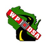 Wisconsin road safety logo featuring a stylized map of Wisconsin with a seatbelt graphic