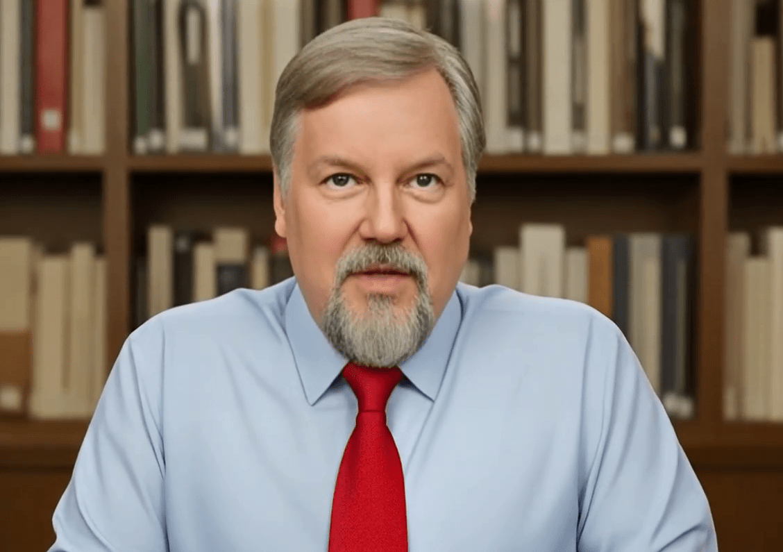 A middle-aged man with a beard and short hair is wearing a light blue shirt and red tie, sitting in front of a bookshelf filled with books.